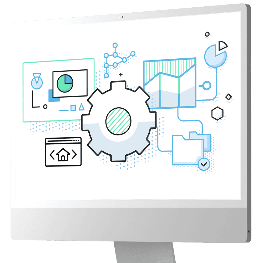 Desktop computer with on-screen graphics of charts and processes related to fund accounting