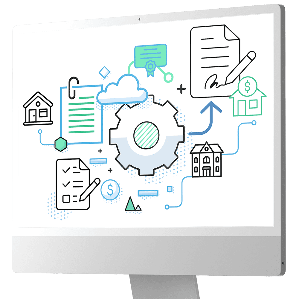 Desktop computer with on-screen graphics related to real estate finance and lien processes