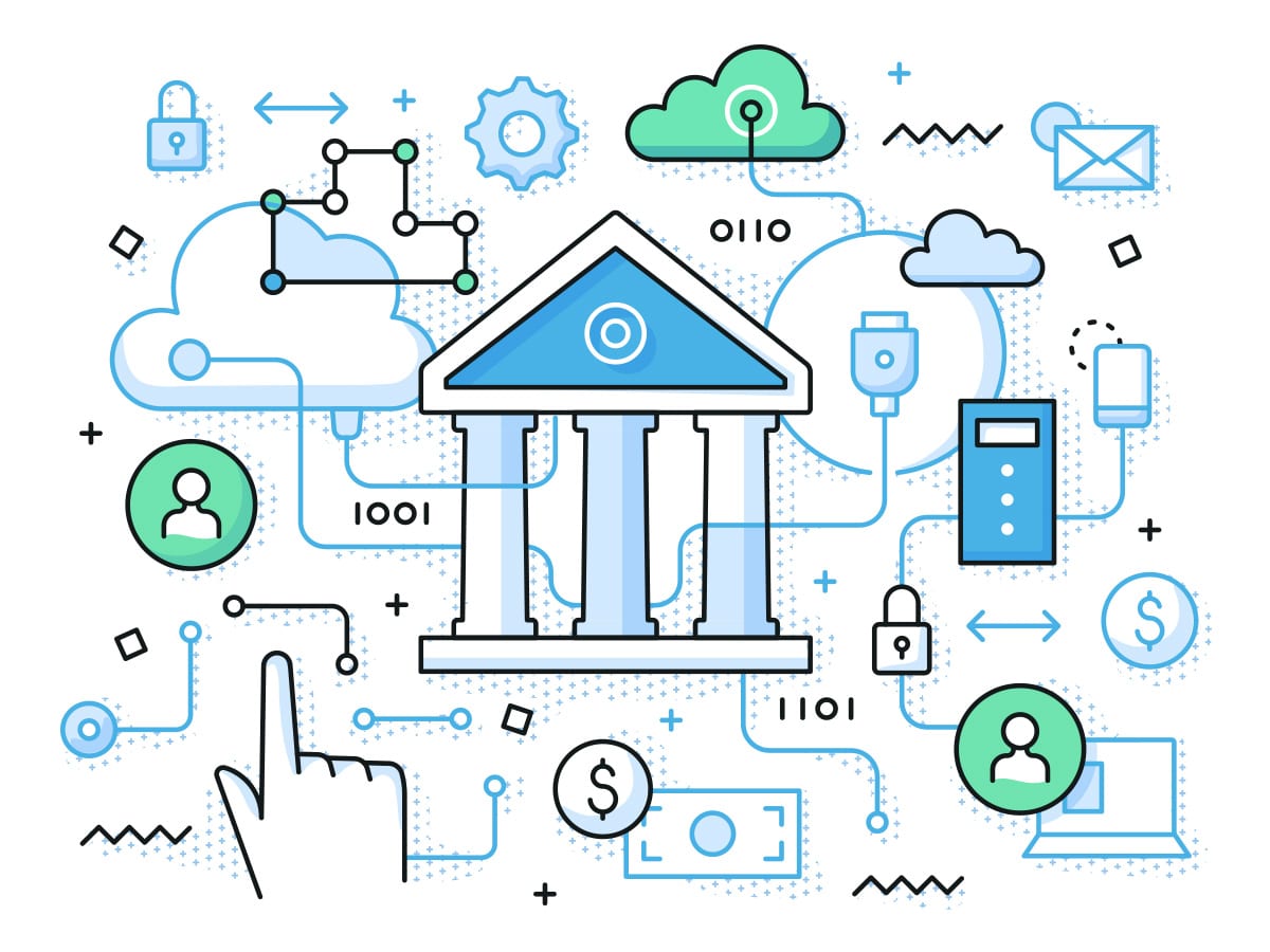 Collage of technological symbols based on the themes of government tech needs and infrastructure