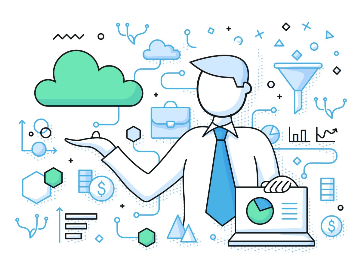 Collage of technological symbols based on the themes of cloud networking and support